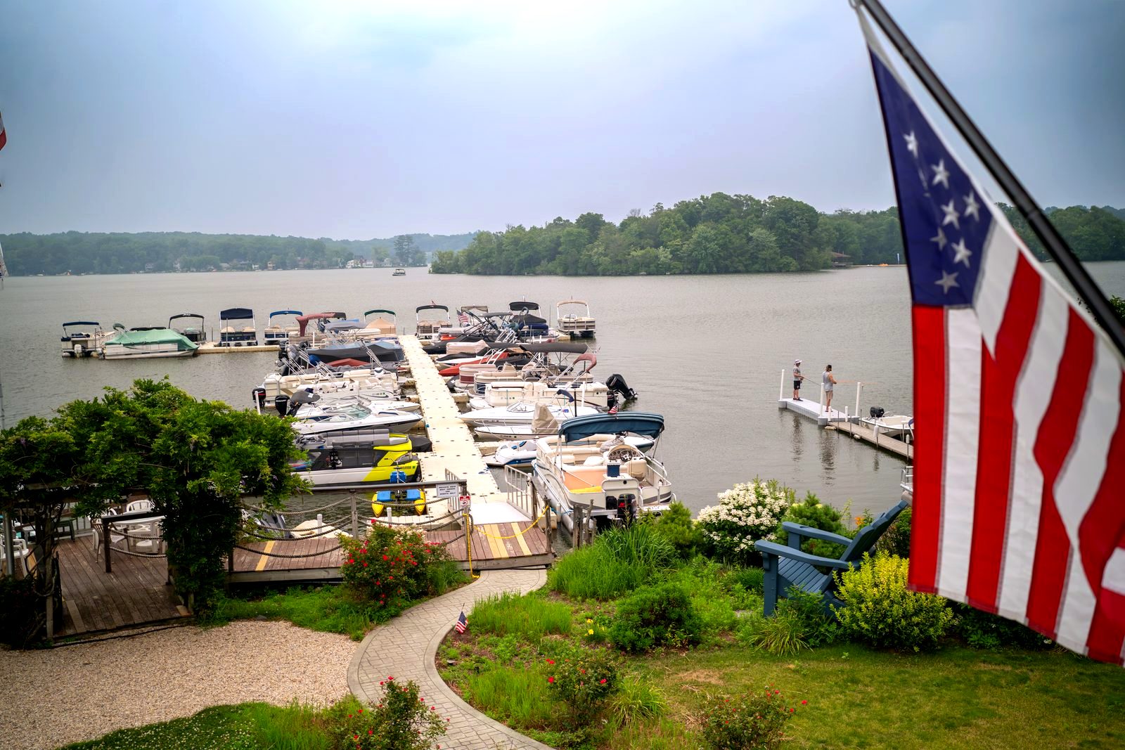 The marina and Lake Pocotopaug from the garden