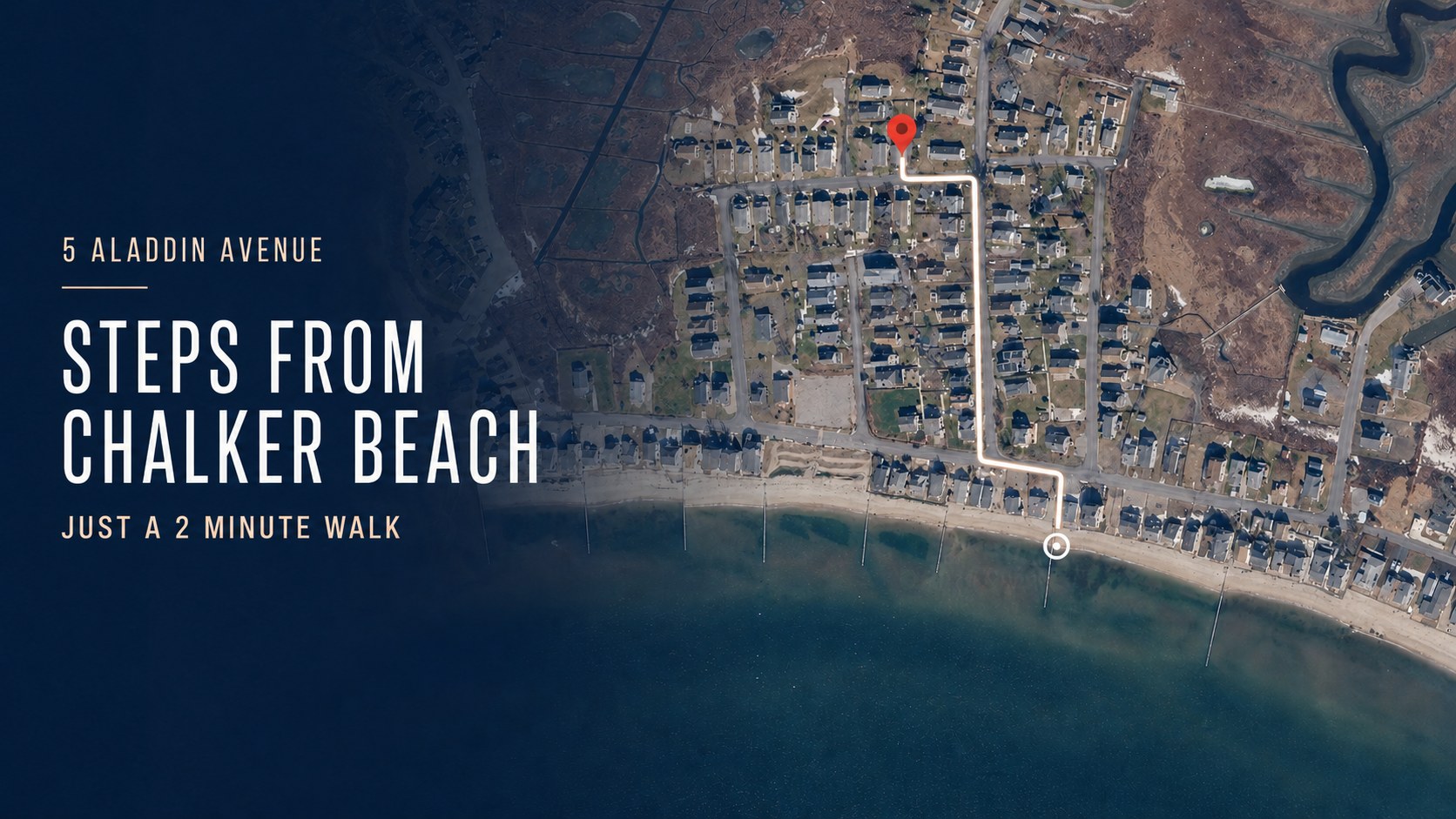 Aerial view showing the walking route from 5 Aladdin Avenue down to Chalker Beach — just a 2 minute walk.