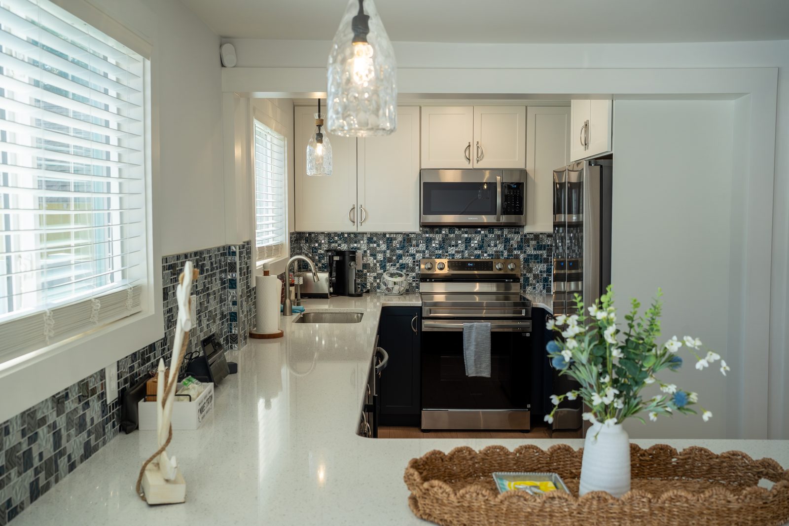 Kitchen and stone fireplace